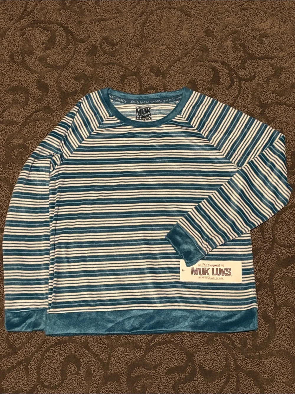 Muk Luks Teal and White Striped Women’s SOFT Pajama Set
